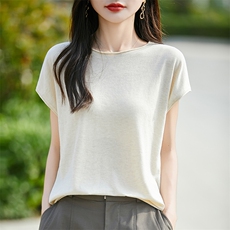 高级感简约圆领针织小飞袖T恤女2025新款宽松显瘦百搭短袖t恤上衣，女装针织衫/毛衣，羿纯羊绒