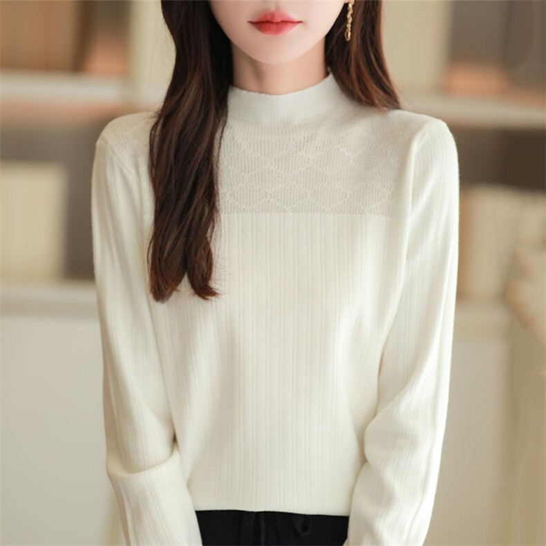 新款精纺羊毛衫女气质半高领针织打底衫秋冬薄款中领长袖内搭上衣，女装针织衫/毛衣，萱芳婷羊绒