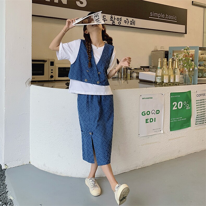主推现货格纹牛仔背心+T恤上衣+裙子三件套,女装套装/套裙,菡迪欧娜