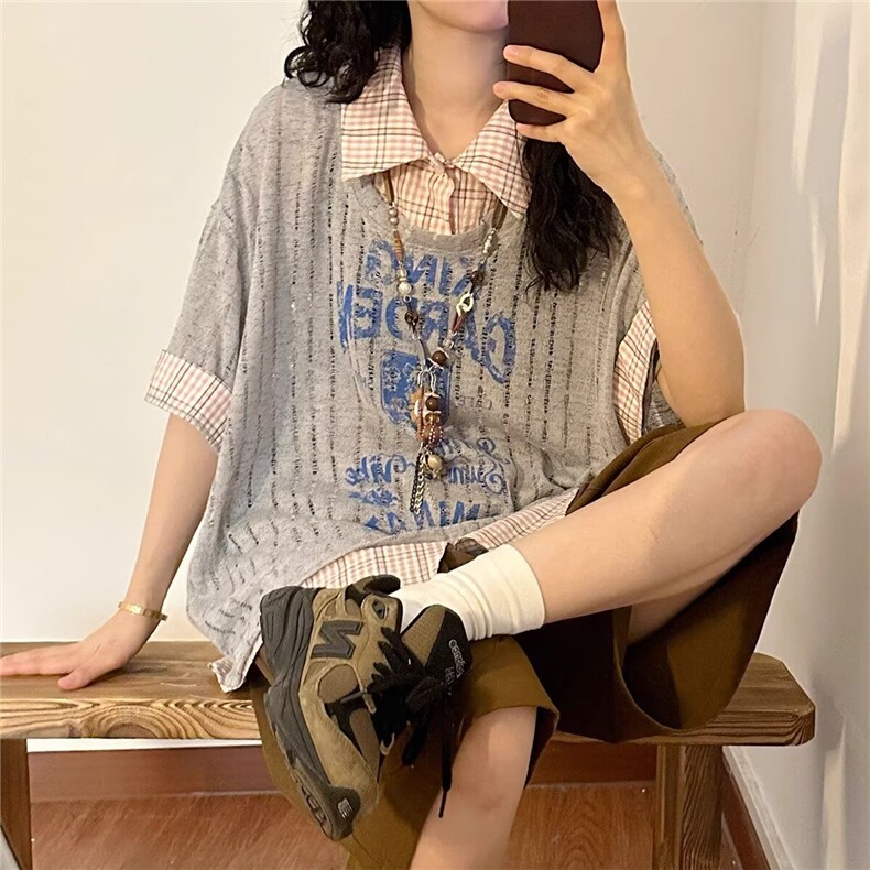 夏季美式复古字母涂鸦POLO领假两件罩衫短袖T恤上衣女潮TX749图片
