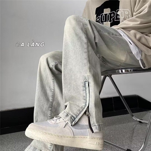欧美高街牛仔裤男韩版裤脚开衩拉链2025春季ins直筒裤RK099-P41图片