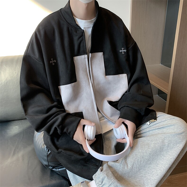 2022撞色拼接设计感百搭开衫卫衣复古绿色夹克外套男W5137-P57,男装卫衣,星座512-2