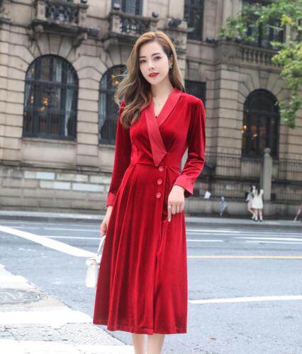 秋季丝绒修身连衣裙，女装连衣裙，蓝芝衣秀