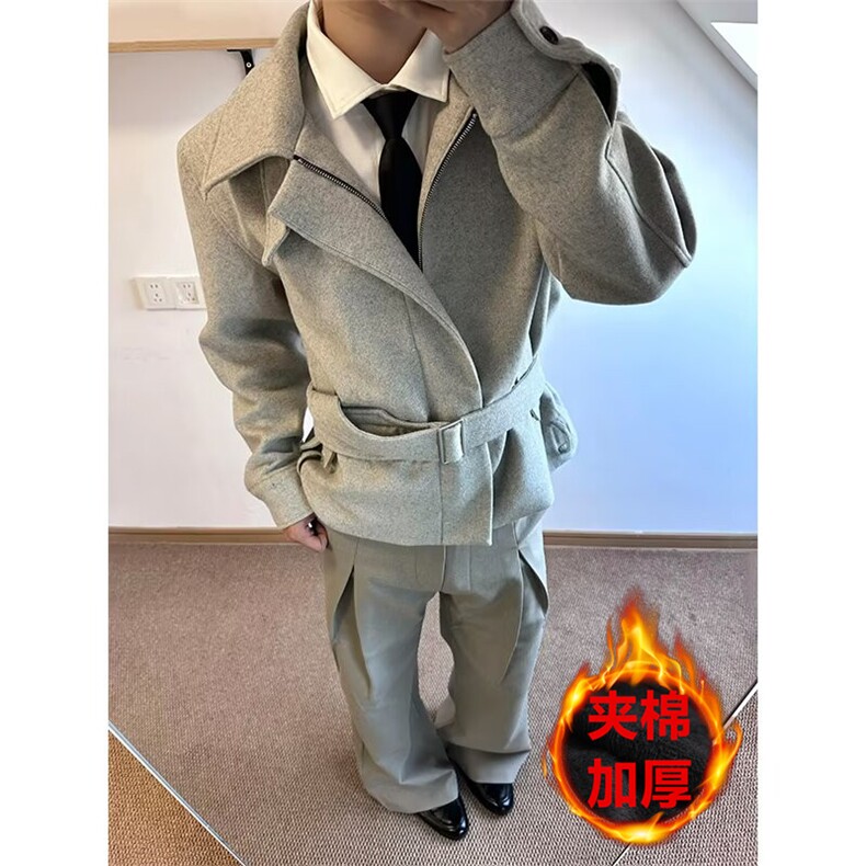 美式正肩绑带毛呢夹克男女冬季夹棉情侣短款工装棉服外套,男装夹克,四季星座505