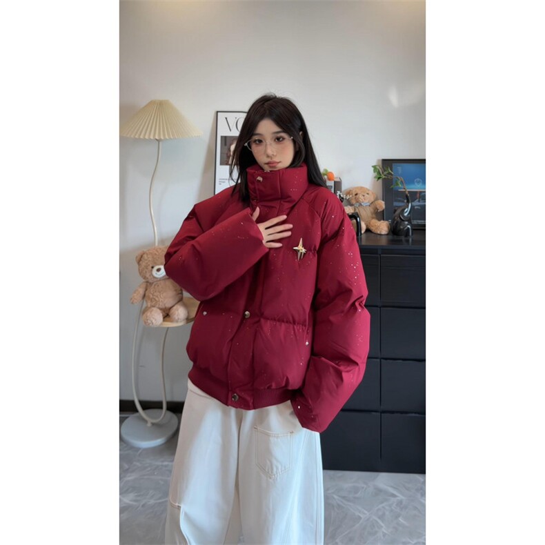 美式满天星立领面包服男女冬季加厚情侣短款外套设计感酒红色棉衣,男装棉衣,星座215-1