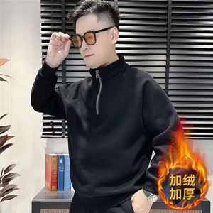 高级半拉链卫衣男春秋冬季2024新款加绒宽松潮牌套头立领打底衫男,赵贤惠服装搭配图片
