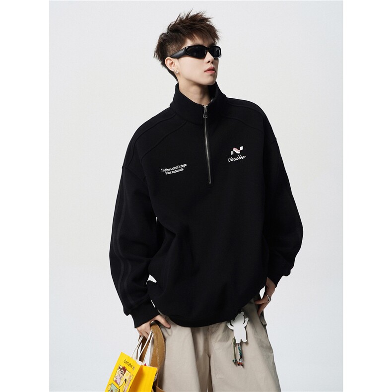 美式潮刺绣POLO衫男秋半拉链立领外套宽松运动长袖卫衣WYE47P48,男装Polo衫,星座1013-5