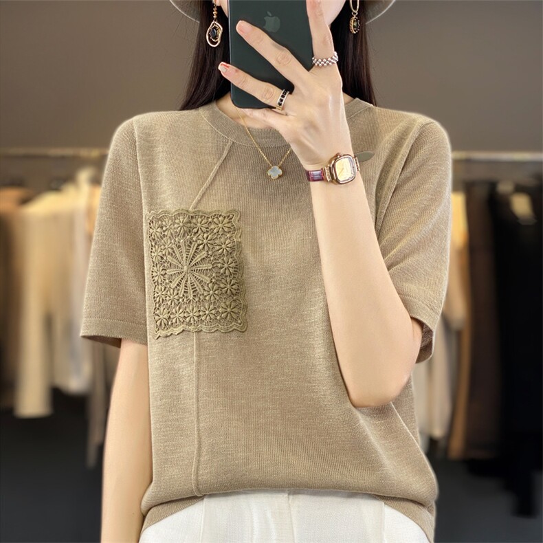 竹节棉t恤女夏季小衫宽松棉麻短袖针织衫女薄款遮肚显瘦刺绣上衣,针织衫/毛衣,大美人包芯纱店