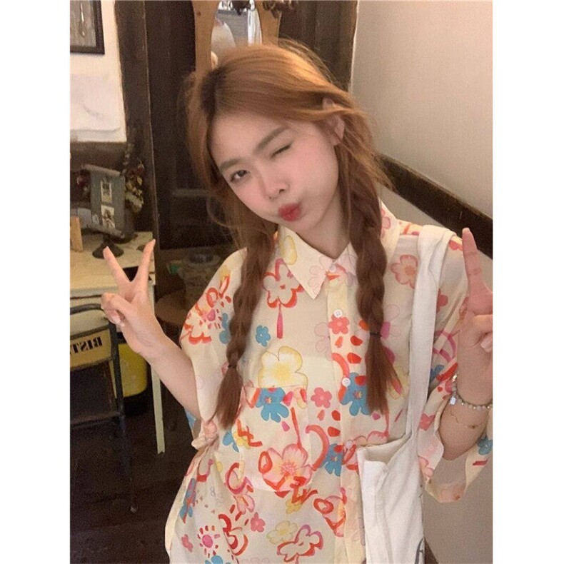 W368-P30复古个性涂鸦印花短袖衬衫夏季设计感宽松休闲花衬衣,男装衬衫,星座911-1