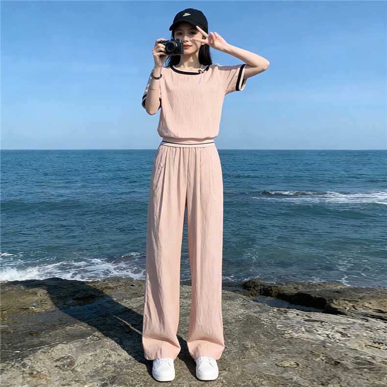 时尚潮流休闲套装女夏季新款高级感显瘦收腰拼接短袖阔腿裤两件套,女装套装/套裙,江南