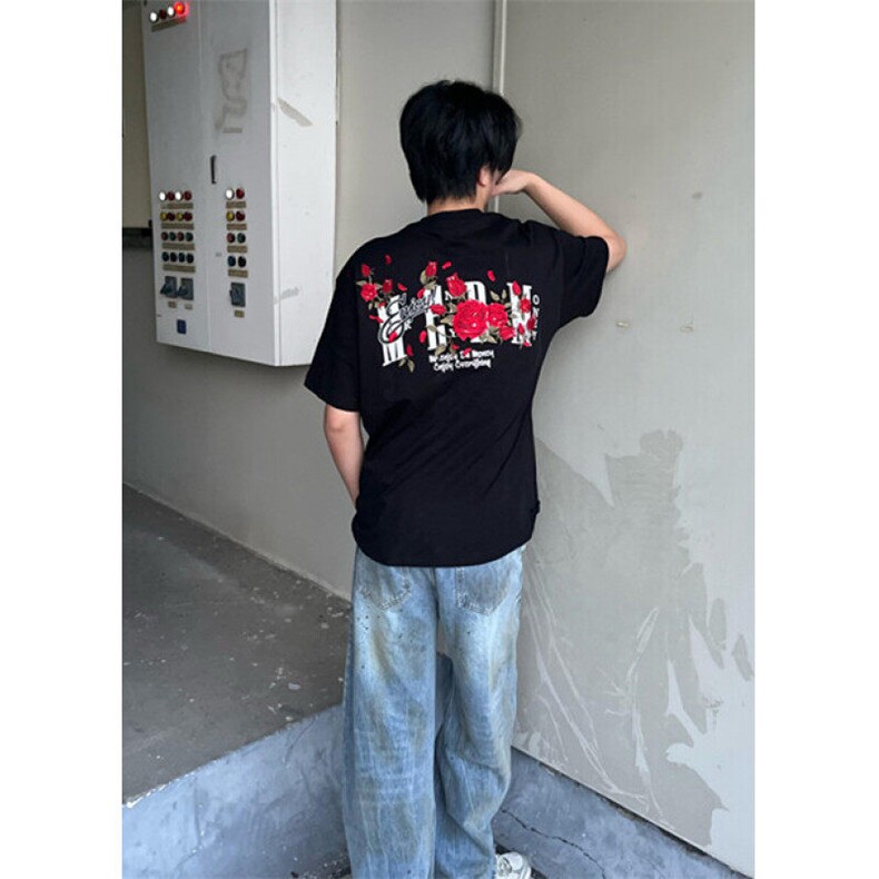 玫瑰印花T恤女夏季美式设计感休闲短袖男潮牌情侣款上衣TC06,男装T恤,星座1116A（原606A-3）