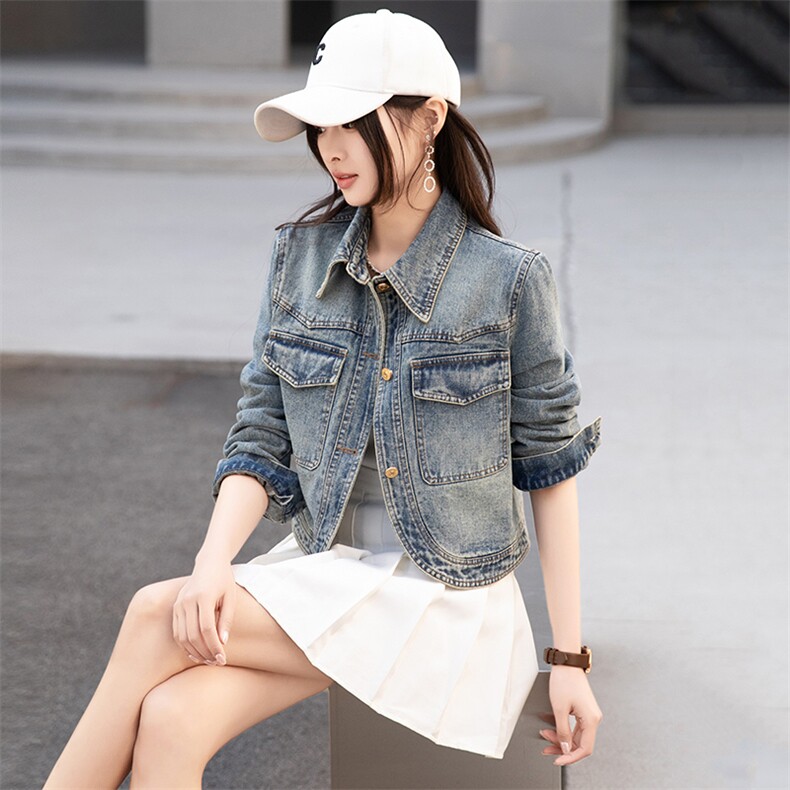 BAO春季新款美式复古短款牛仔外套水洗设计感宽松百搭夹克上衣女，女装牛仔外套，江南女神