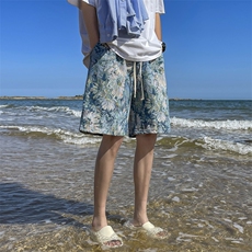 夏季新款提花冰丝短裤速干薄款宽松休闲运动沙滩五分裤，男装牛仔裤，星座410-7