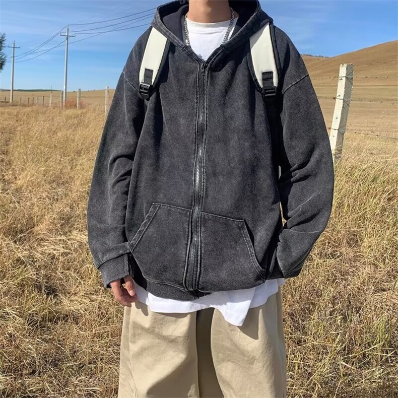水洗做旧开衫卫衣男潮牌痞帅连帽上衣春秋季宽松拉链外套A35/P62,女装短外套,星座506