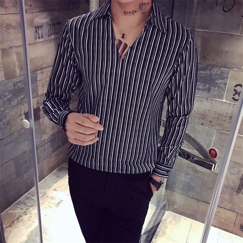 2021春秋装休闲衬衣韩版长袖衬衫男士修身上衣条纹黑色A313/C20/P45图片