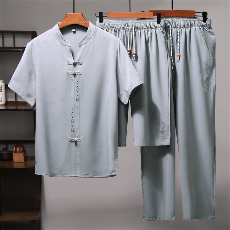夏季风唐装短袖衬衫男中老年透气中式三件套装MJ5107C-P115,男装衬衫,星座1105-3
