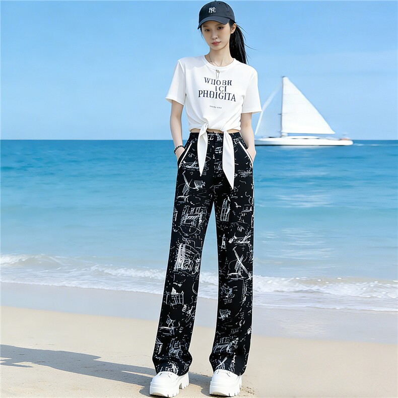 重工印花时尚休闲套装女夏季新款白色短袖上衣黑色阔腿长裤两件套,女装套装/套裙,江南