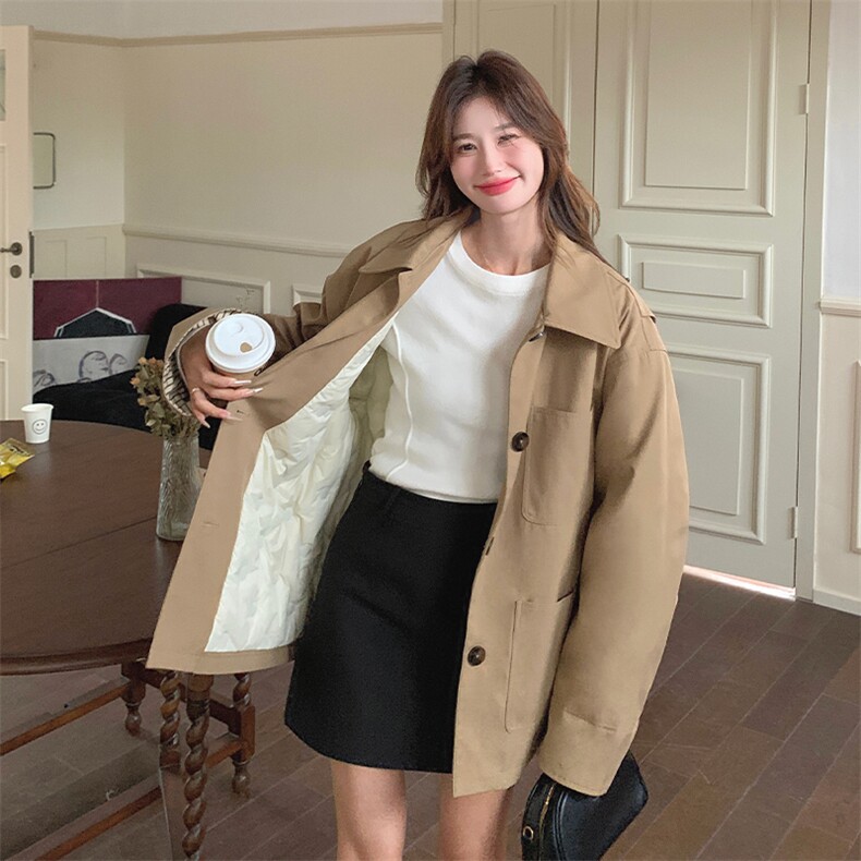 【现货卡其色工装派克羽绒服女风衣式白鸭绒外套A837P265K388,女装羽绒服,2C269