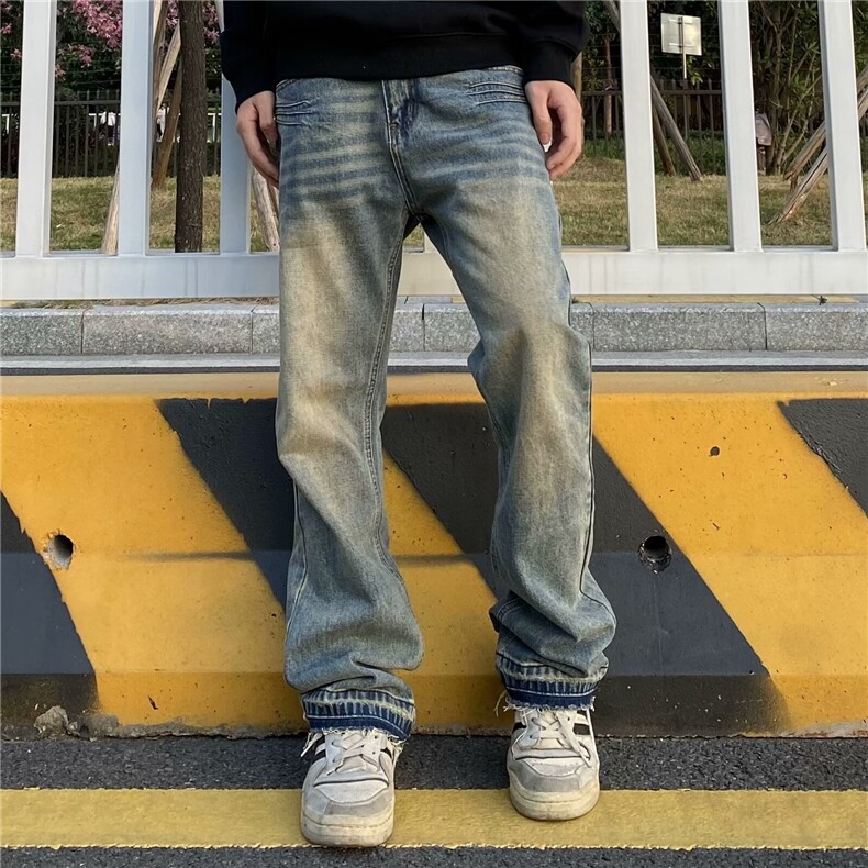美式高街vibe做旧黄泥染水洗牛仔裤男潮ins直筒微喇cle,男装牛仔裤,星座218-1（原230）