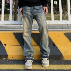 美式高街vibe做旧黄泥染水洗牛仔裤男潮ins直筒微喇cle，男装牛仔裤，星座218-1（原230）