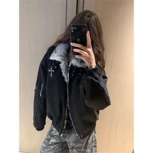 美式复古毛领十字架连帽棉服外套秋冬夹棉中性风男女M07862-P103图片