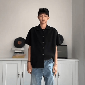 得物抖音品质二开老钱风亚麻冰丝纹短袖衬衫男女休闲美式潮牌衬衣图片