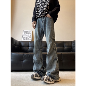 美式复古设计感褶皱牛仔裤男宽松微喇叭vibe显瘦高街痞帅嘻哈裤子,冬天千鸟格裤子搭配图片图片