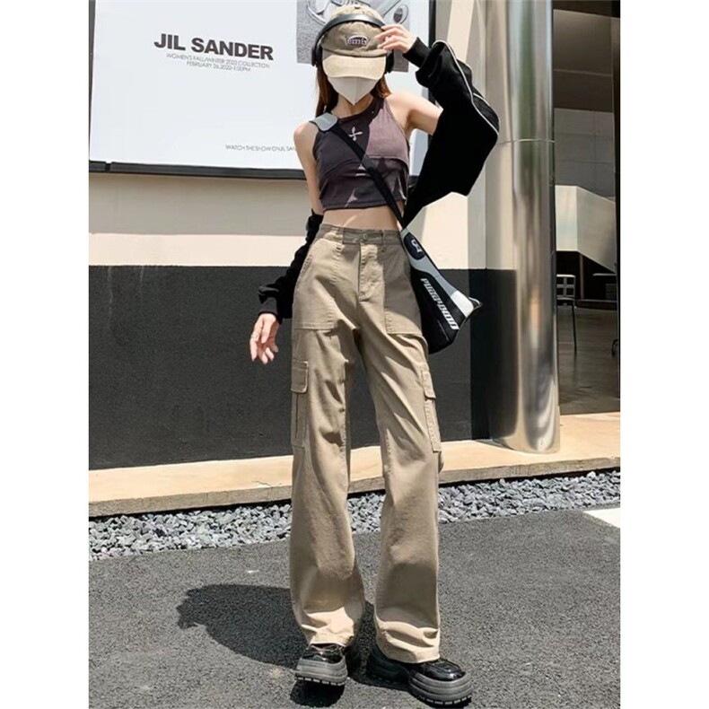 卡其色高腰直筒工装裤女春装2025年新款宽松显瘦休闲阔腿牛仔裤子,男装牛仔裤,星座506A