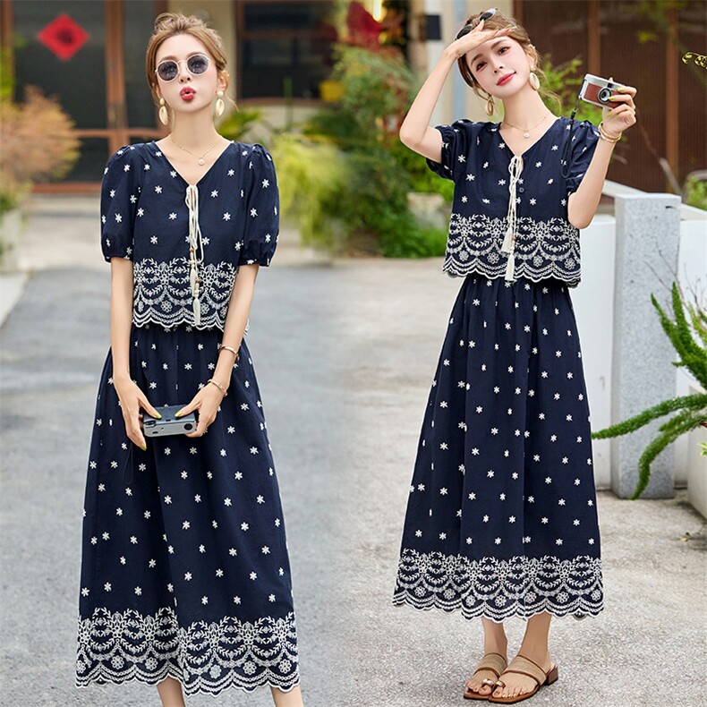 裙子套装2025夏新款高级感绝美漂亮韩系小香风减龄刺绣穿搭一整套，女装套装/套裙，润尚靓点