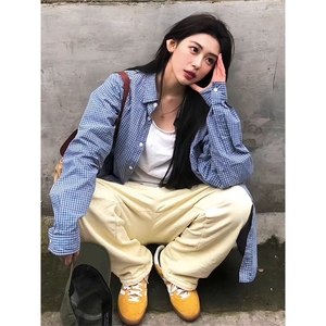 港味复古格子衬衫外套女宽松早秋薄款中长款开衫图片