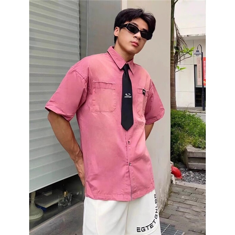 美式水洗复古牛仔衬衫男女款短袖中性vintage宽松休闲学院风外套，男装衬衫，星座506A