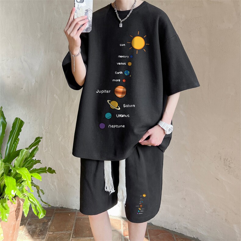 套装！华夫格套装男T恤短裤两件套大码港风TZ21-P50,男装休闲套装,电商B367