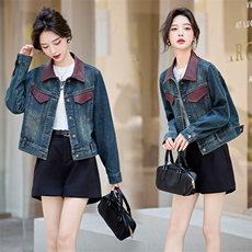 现货秋季新款韩版百搭港风复古牛仔外套女PU皮拼接夹克显瘦上衣，女装牛仔外套，潮流依族