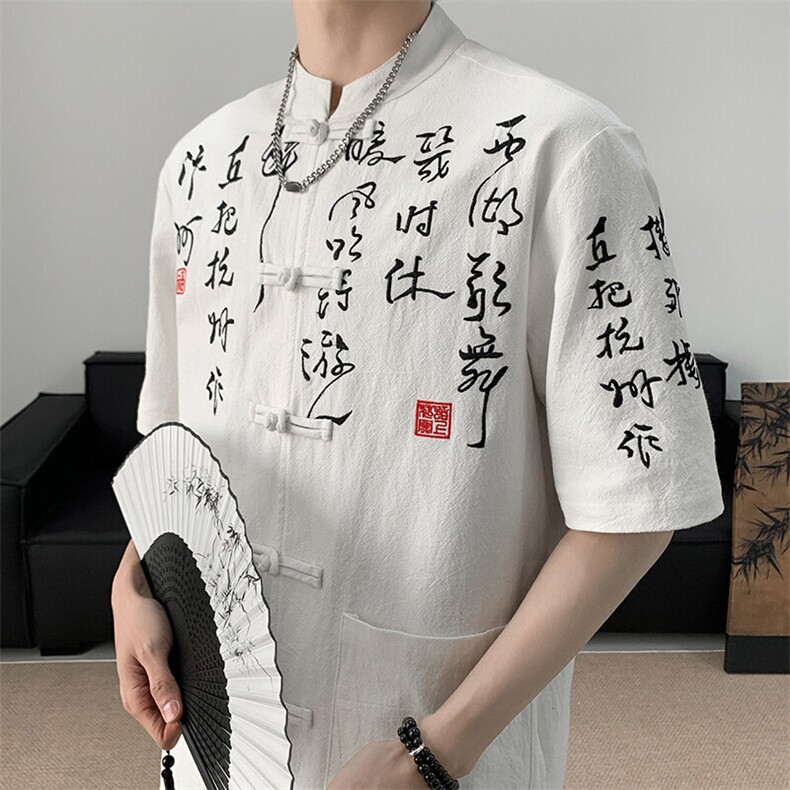 现货中式大码复古书法重磅刺绣新款盘扣衬衫T2881-P65-控88,男装衬衫,电商A021