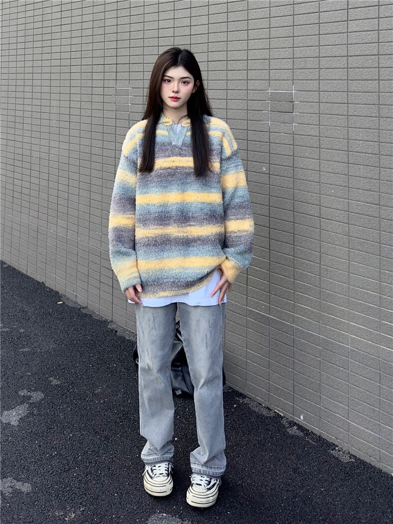 现货！马海毛V领毛衣秋冬慵懒高级感情侣Polo领针织外套R1650-P75，男装针织衫/毛衣，星座1005-6