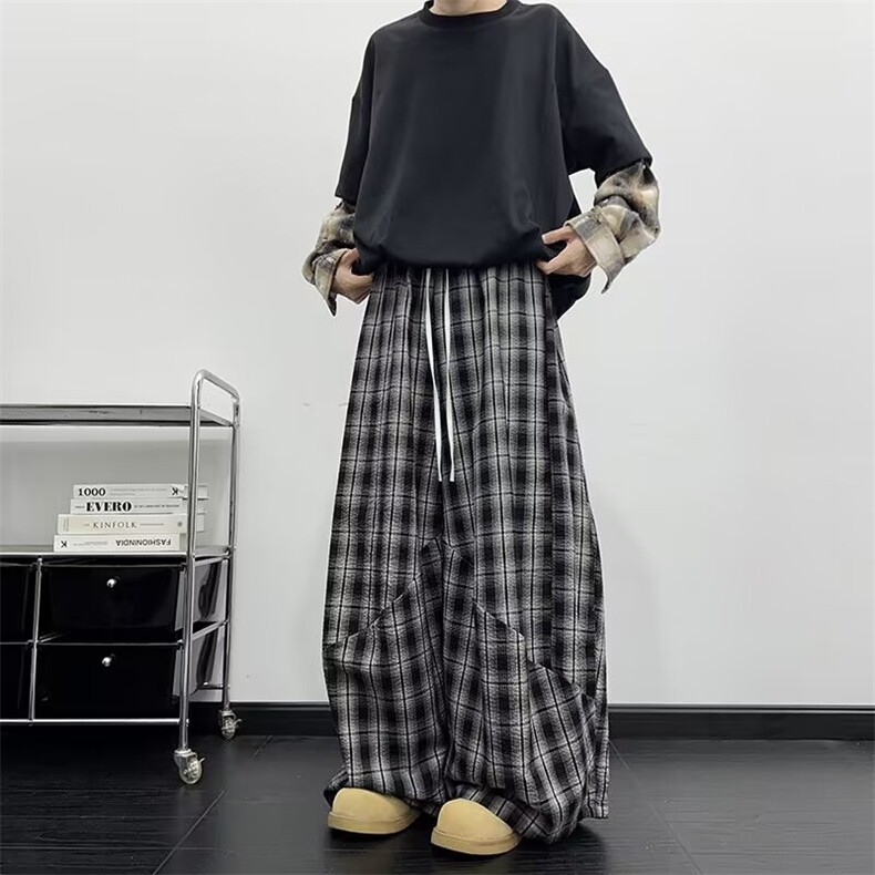 复古慵懒风双腰头拼接格子裤男女美式爵士舞宽松阔腿裤hiphop长裤,男装休闲裤,四季星座505