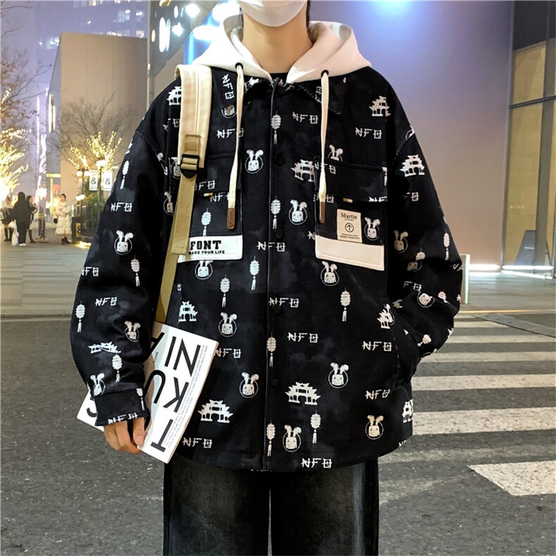 2024春秋款拼接假两件连帽夹克男潮牌印花工装 A436-D1202-P73图片