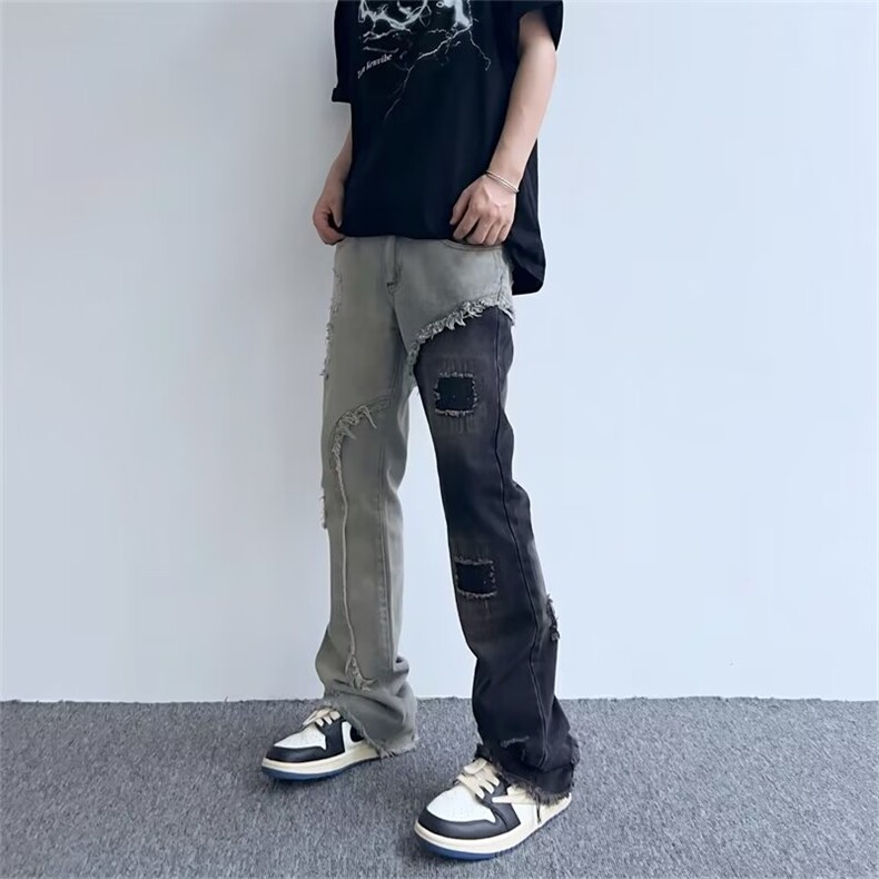 嘻哈高街vibe破洞毛边撞色拼接牛仔裤男ins潮牌直筒微喇裤子-K716,男装牛仔裤,星座601-1