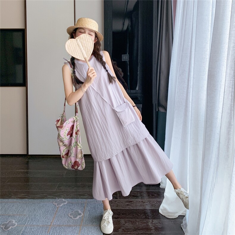简约设计感休闲显瘦背心裙女2025年夏季新款韩系宽松显瘦紫色长裙,女装连衣裙,2C258