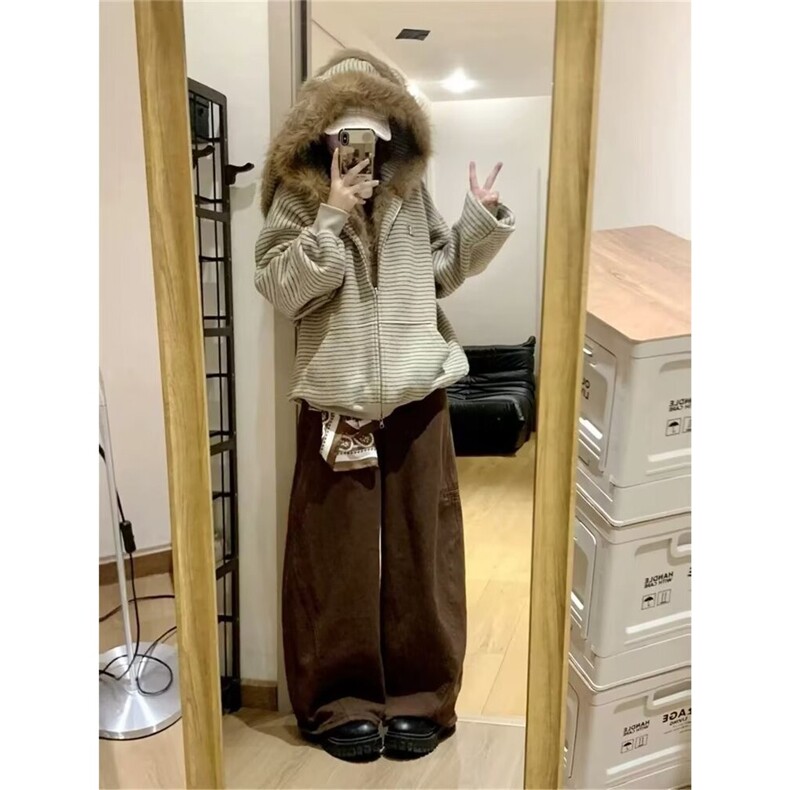 美式复古条纹兔耳重磅加绒毛毛外套开衫毛领卫衣连帽女秋冬新款,女装短外套,星座1210-1
