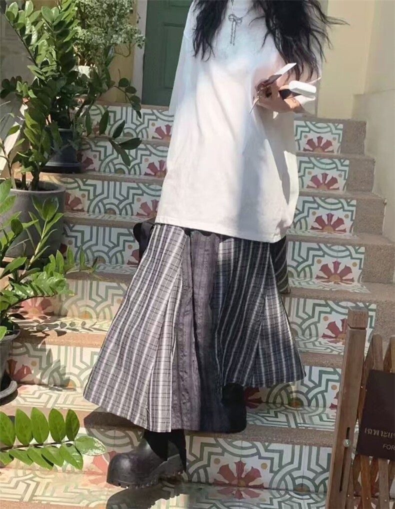 韩系小众复古拼接撞色格纹流浪风高腰长款半身裙,女装半身裙,湘姗