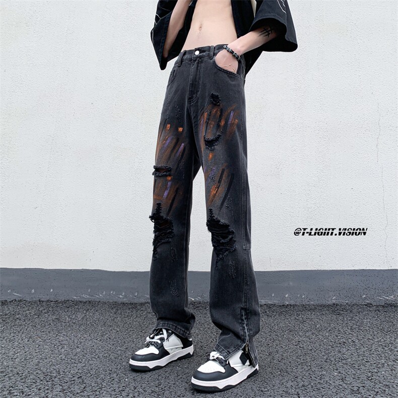 B221美式ins高街暗黑小众拉链喷墨破洞牛仔裤LK23085-P65控88,男装牛仔裤,电商B221