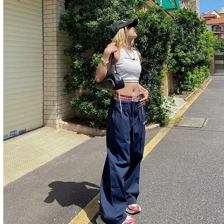克莱因蓝双腰头拼接假两件休闲裤夏季薄款2025新款低腰直筒阔腿裤,男装休闲裤,星座506A