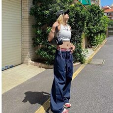 克莱因蓝双腰头拼接假两件休闲裤夏季薄款2025新款低腰直筒阔腿裤，男装休闲裤，星座506A