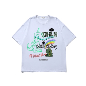 2021夏新玩具手办风涂鸦恐龙印花纯棉短袖休闲大码T恤T001P23图片