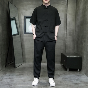 轻奢高端大码盘扣休闲套装男士舒适褶皱轻薄透气时尚短袖   TZ312图片