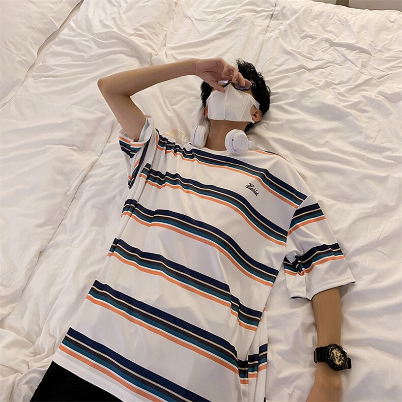 2023夏季新潮ins条纹中性风圆领男宽松透气短袖T恤图片