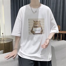 韩系素简卡通猫印花短袖T恤百搭大码宽松男潮517A-1-T916-P28控38，男装T恤，星座517A-1