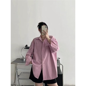 法式高级感粉色长袖衬衫外套女春秋款小个子休闲宽松叠穿衬衣上衣图片