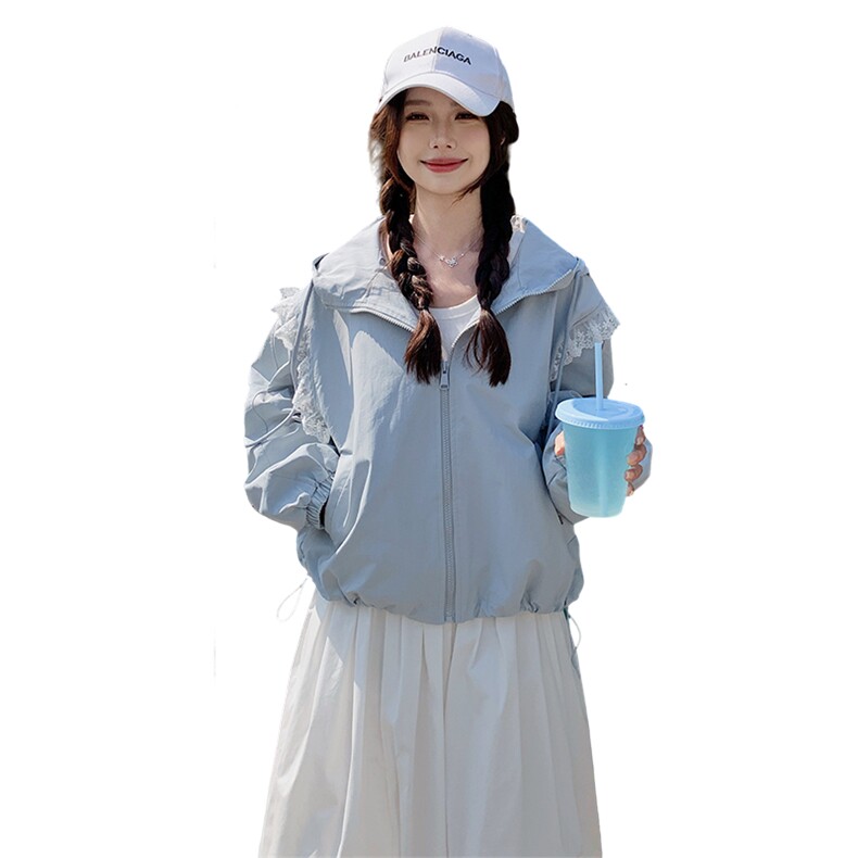 ：春秋新款宽松休闲蕾丝花边连帽上衣外套2C135-6886P145K208，女装短外套，2C135